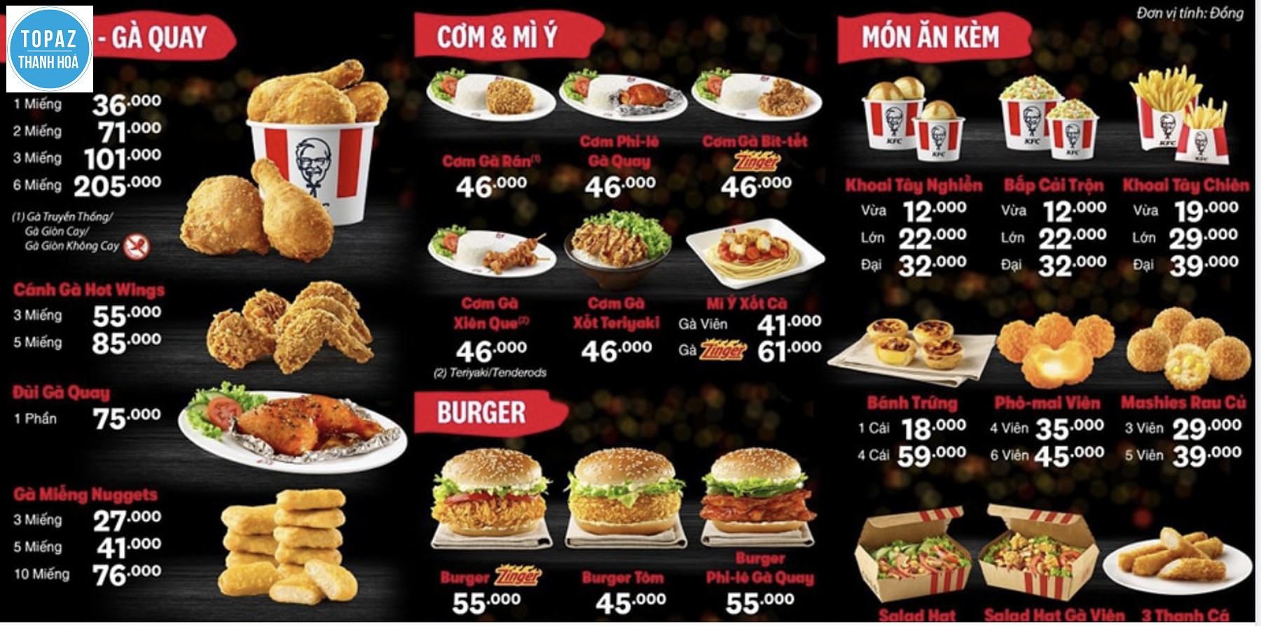 Thực đơn đa dạng của KFC Thanh Hoá 