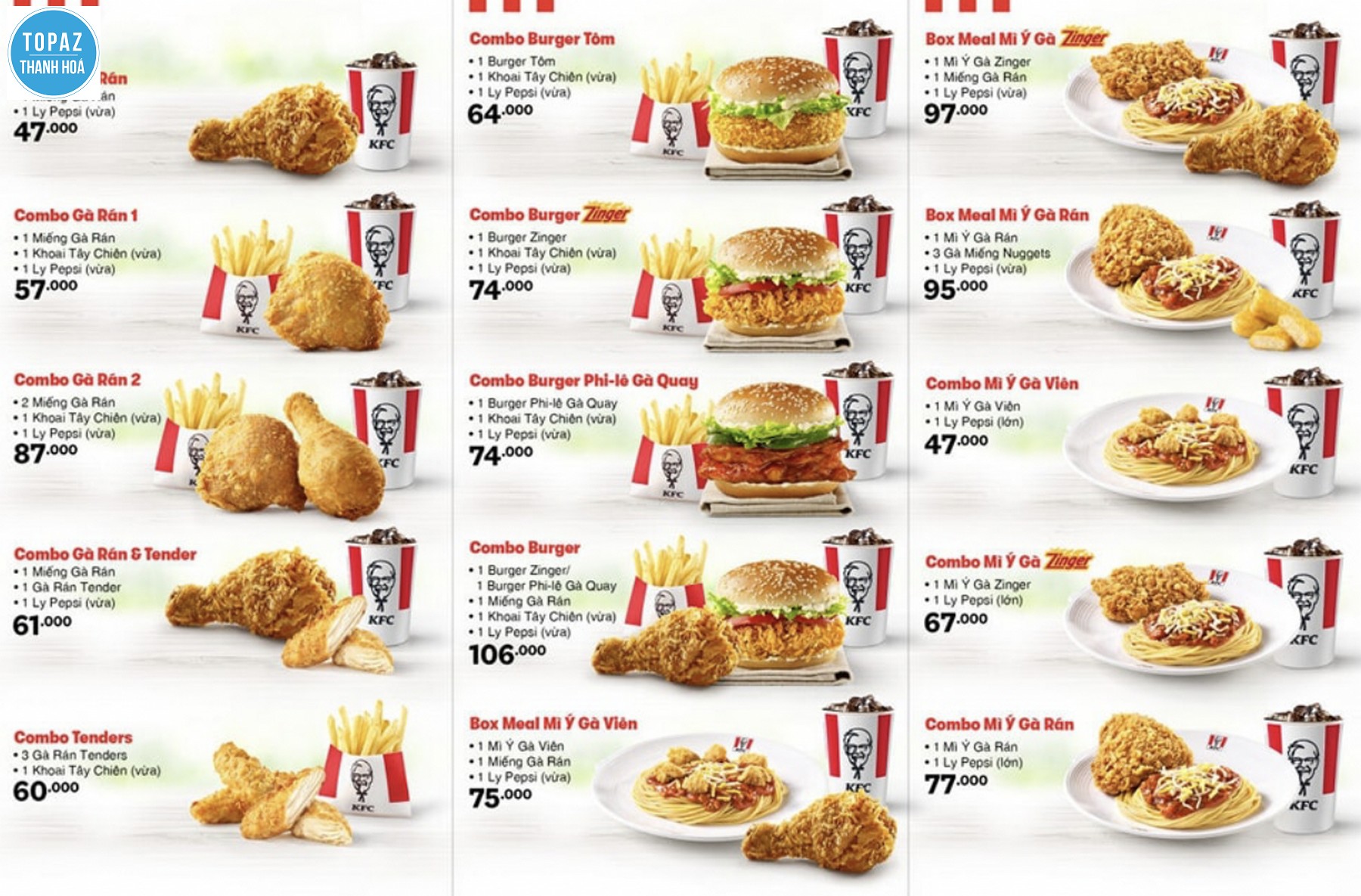 Hình ảnh thực đơn combo của KFC 